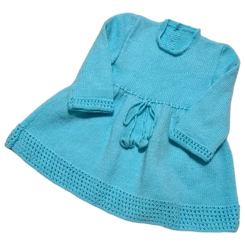 Hand-Knitted Baby Dress | Aqua Blue Long Sleeve Sweater Dress 6-12 Months